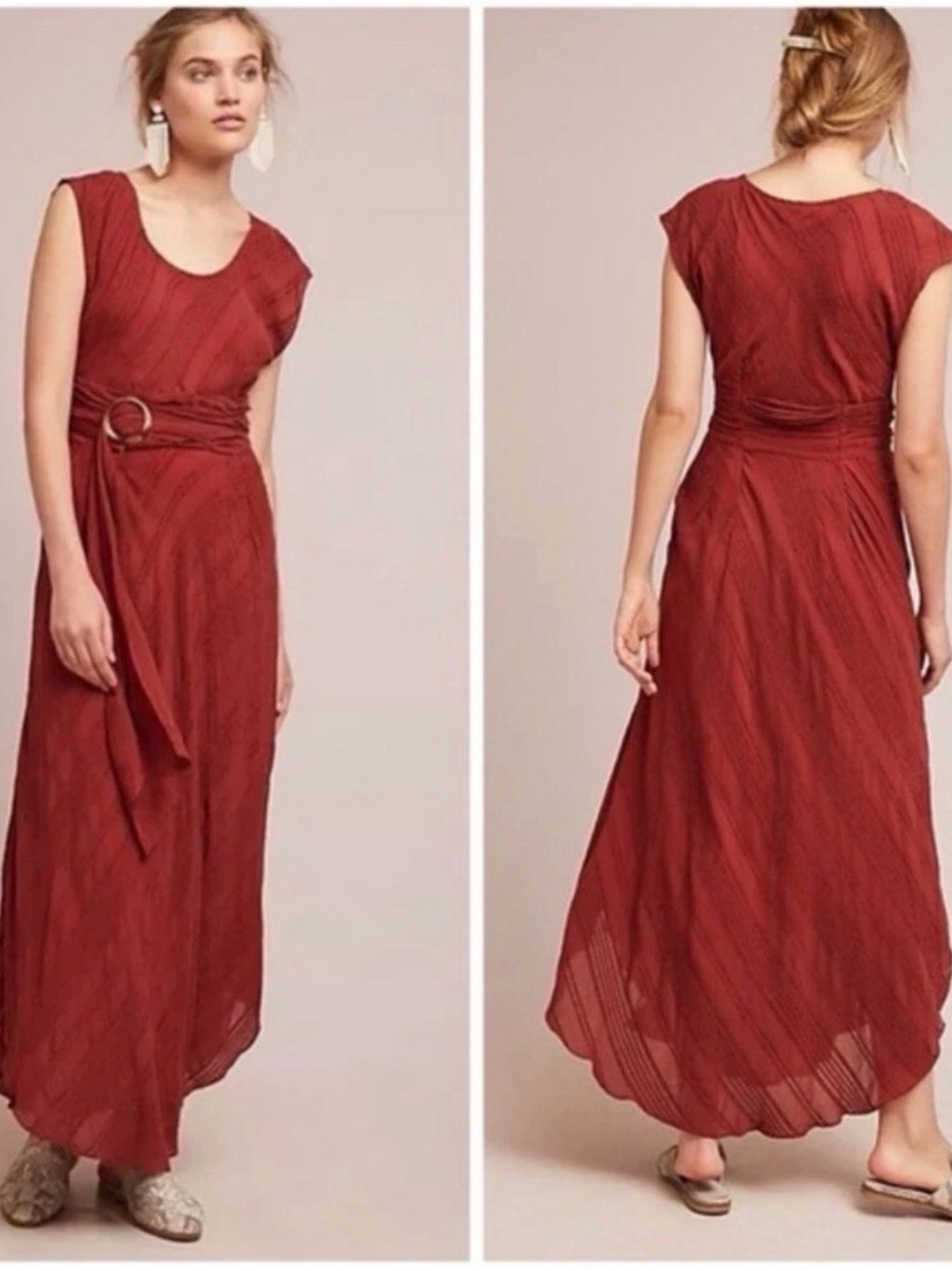 Moulinette Soeurs Brick Red Maxi Dress with Waist Tie